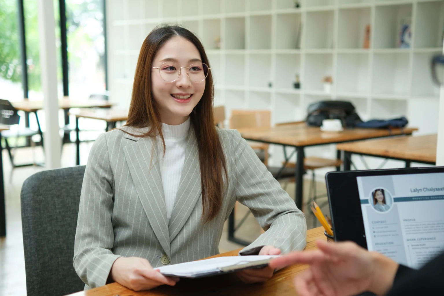 Employer and candidate speaking during an interview