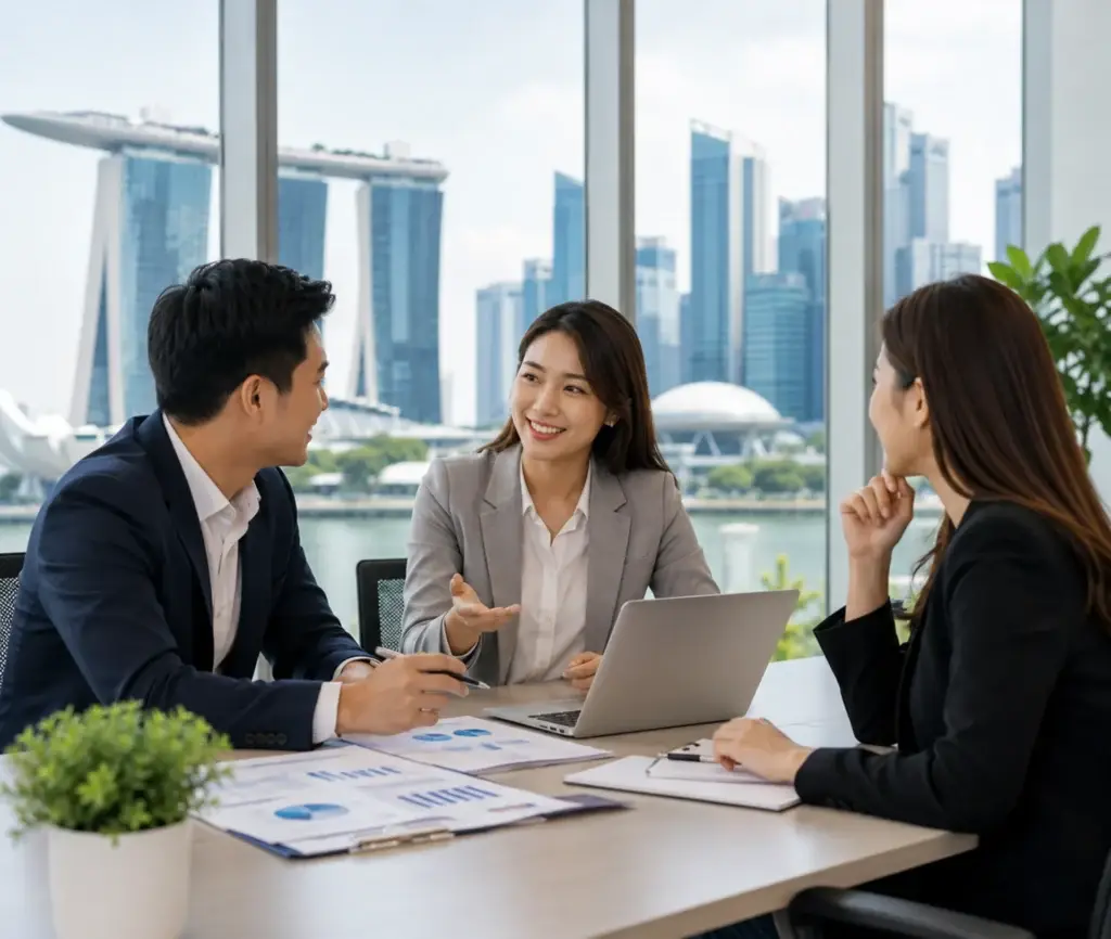 Recruitment discussion overlooking Marina Bay