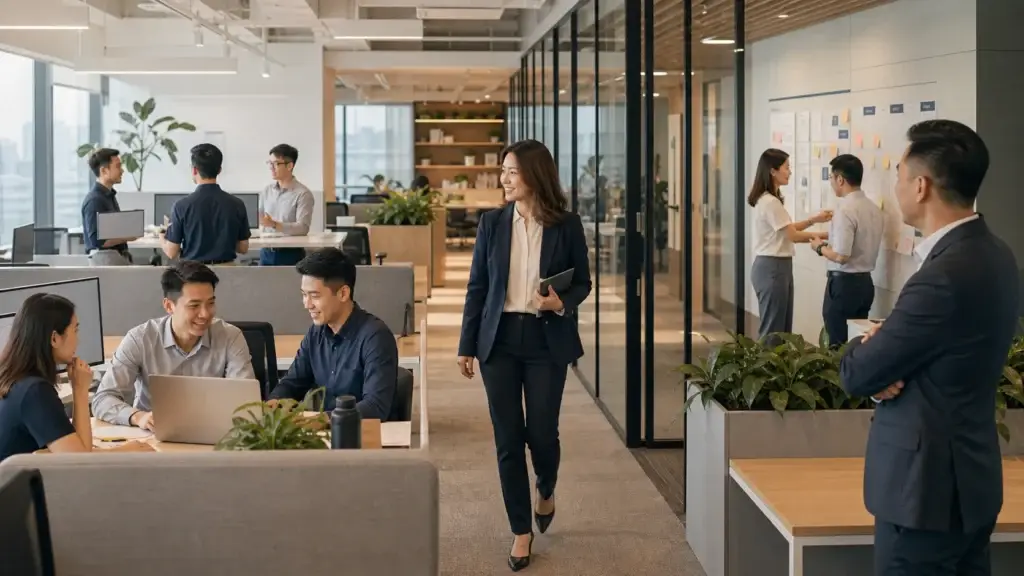 Recruitment professionals moving through a modern office